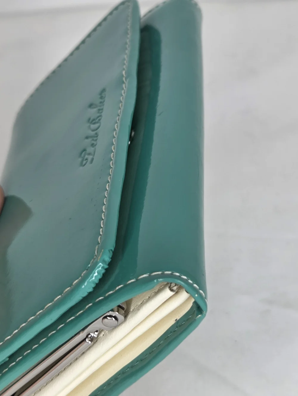 Ted Baker Turquoise Patent Leather Zip Wallet withSilver Accents/Floral Interior - Picture 6 of 14